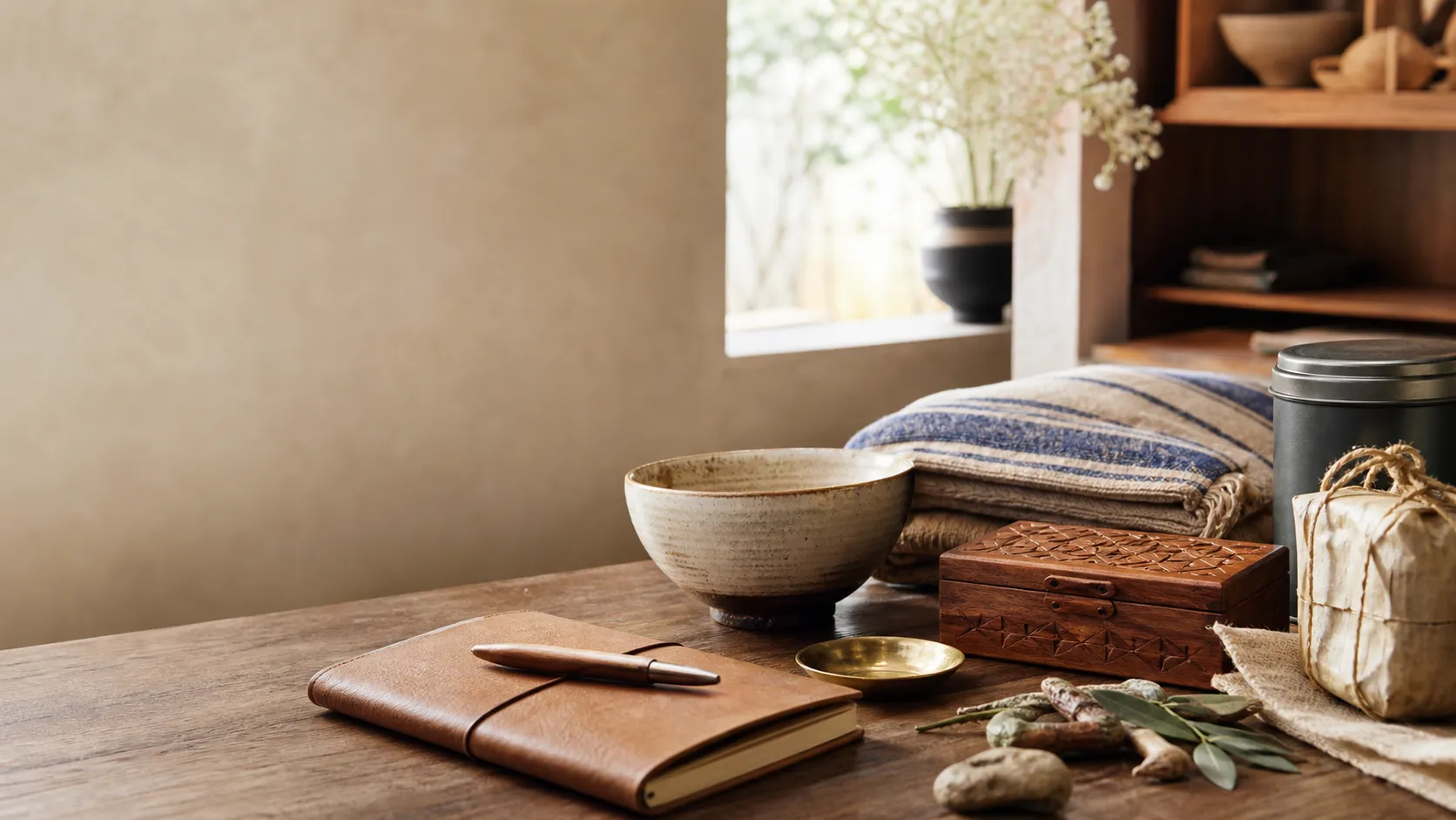 Ceramic bowl, folded textile, carved wooden box, tea tin, wrapped food gift, notebook, and brass dish on a wooden table