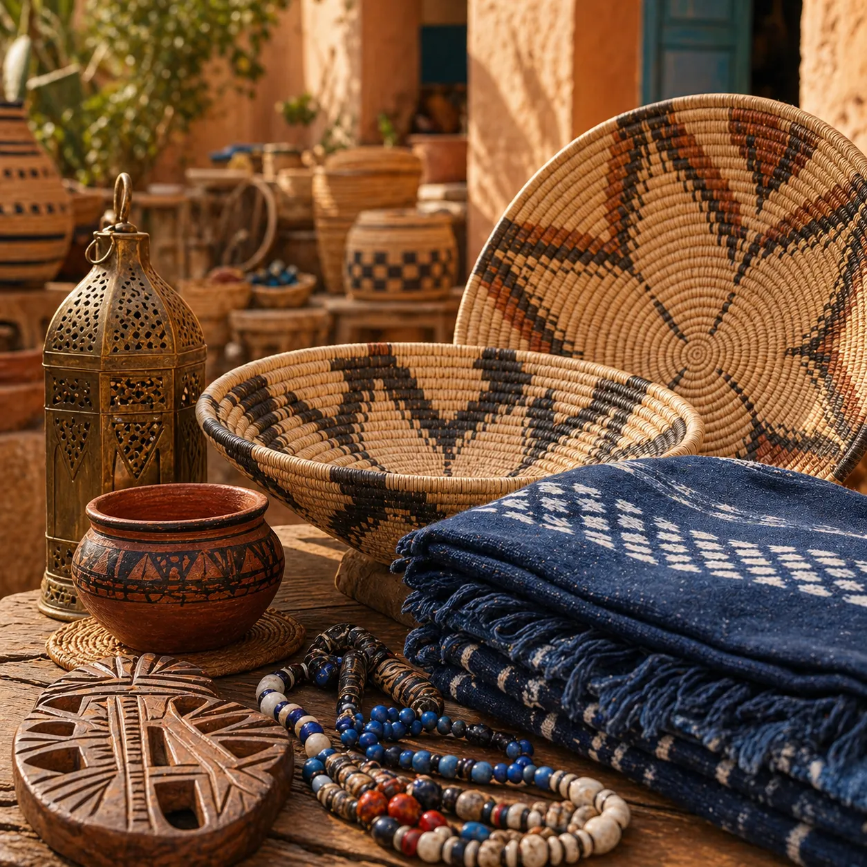 Woven basketry, clay, carved wood, indigo textile, and beadwork on an artisan table
