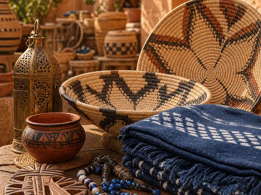 Woven basketry, clay, carved wood, indigo textile, and beadwork on an artisan table
