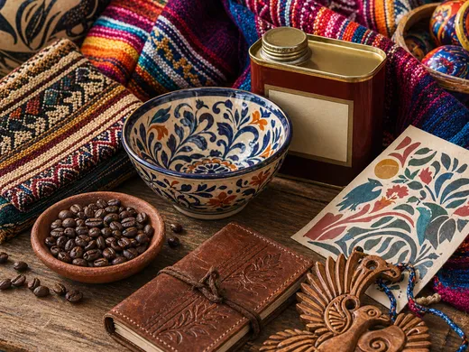 Woven textile, studio ceramic mug, coffee beans, carved wood, and local food gifts