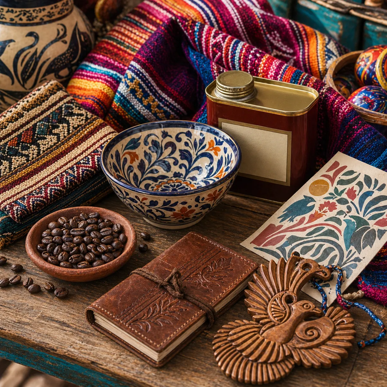 Woven textile, studio ceramic mug, coffee beans, carved wood, and local food gifts