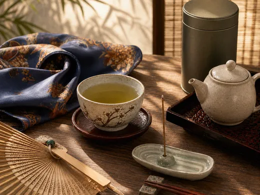 Ceramic tea cup, bamboo fan, incense holder, silk, chopsticks, and tea tin on a wooden table