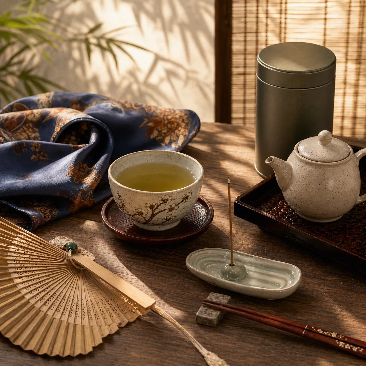 Ceramic tea cup, bamboo fan, incense holder, silk, chopsticks, and tea tin on a wooden table