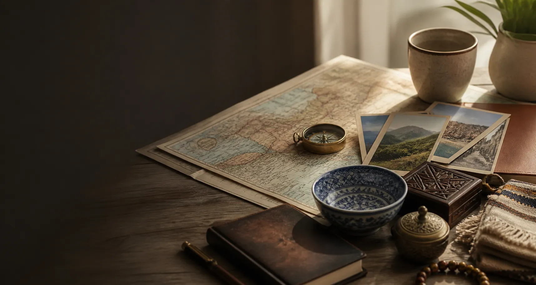 Travel map, compass, notebook, ceramic bowl, postcards, textile, and small keepsakes arranged on a wooden table
