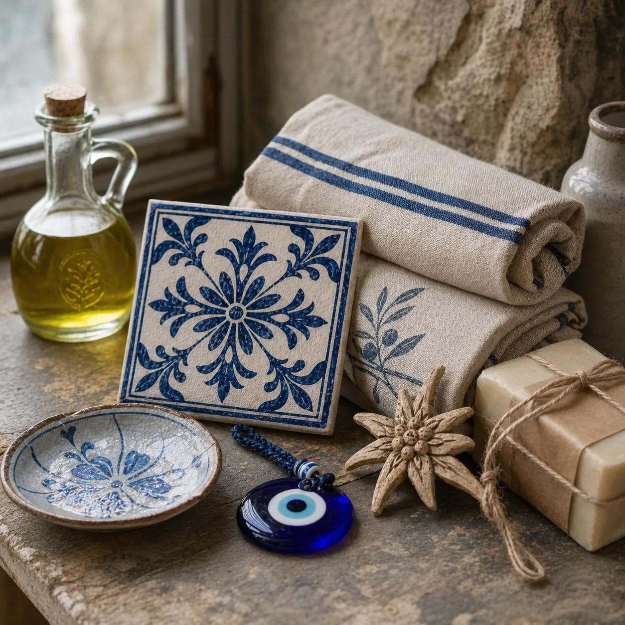 Ceramic tile, linen, olive oil, wrapped soap, and carved wood arranged by a craft shop window