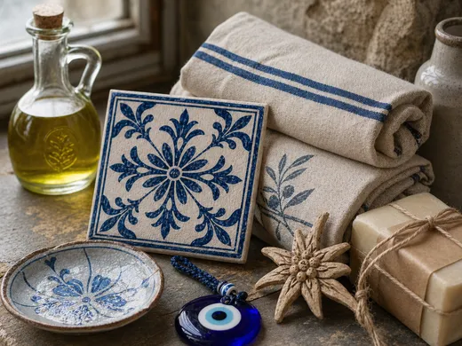 Ceramic tile, linen, olive oil, wrapped soap, and carved wood arranged by a craft shop window