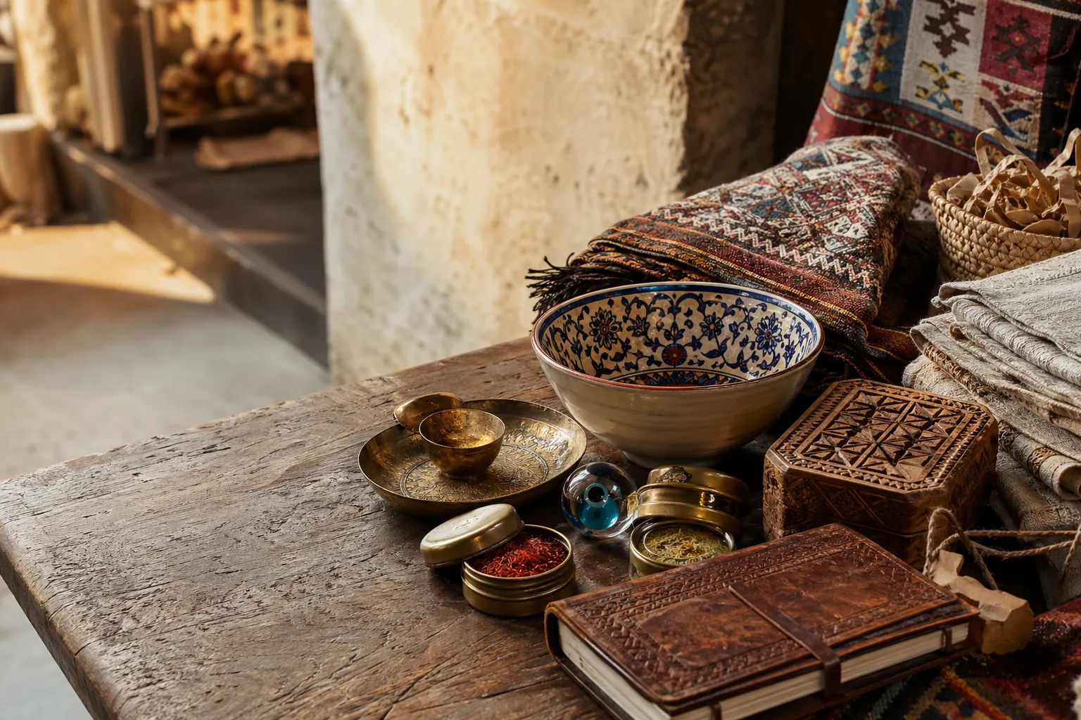 Handmade ceramics, textiles, brass, spices, and travel objects arranged on an artisan market table
