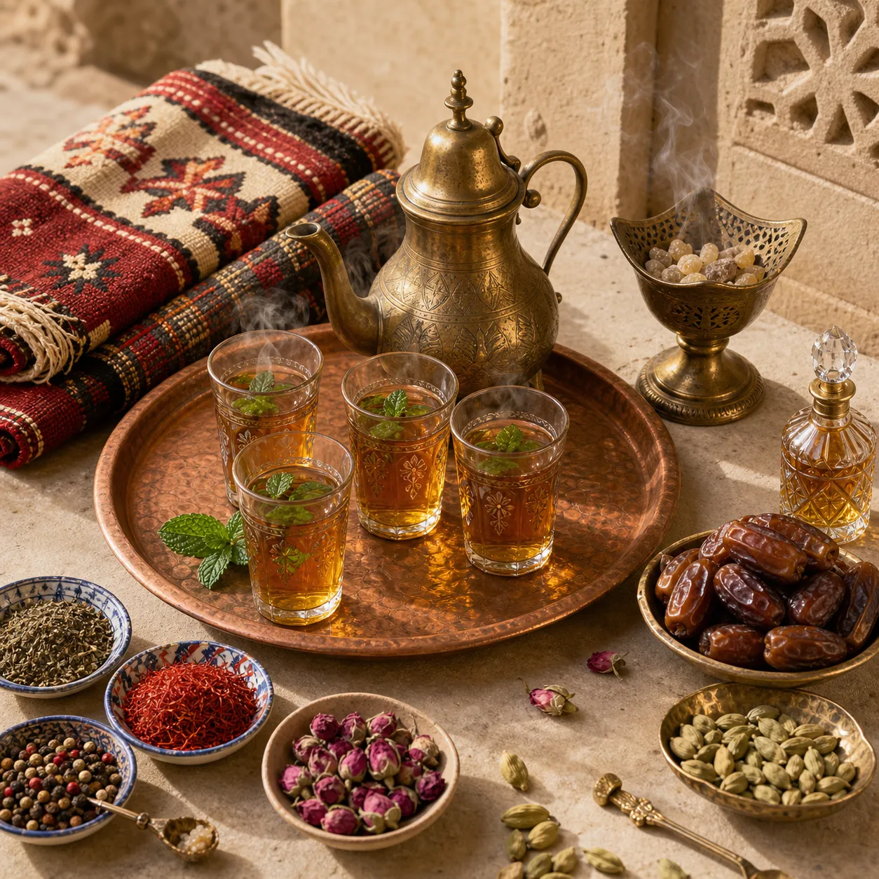 Tea glasses, woven textile, brass dish, dates, spices, glass, and perfume bottle arranged on a market table