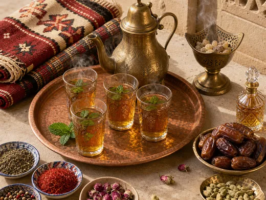 Tea glasses, woven textile, brass dish, dates, spices, glass, and perfume bottle arranged on a market table