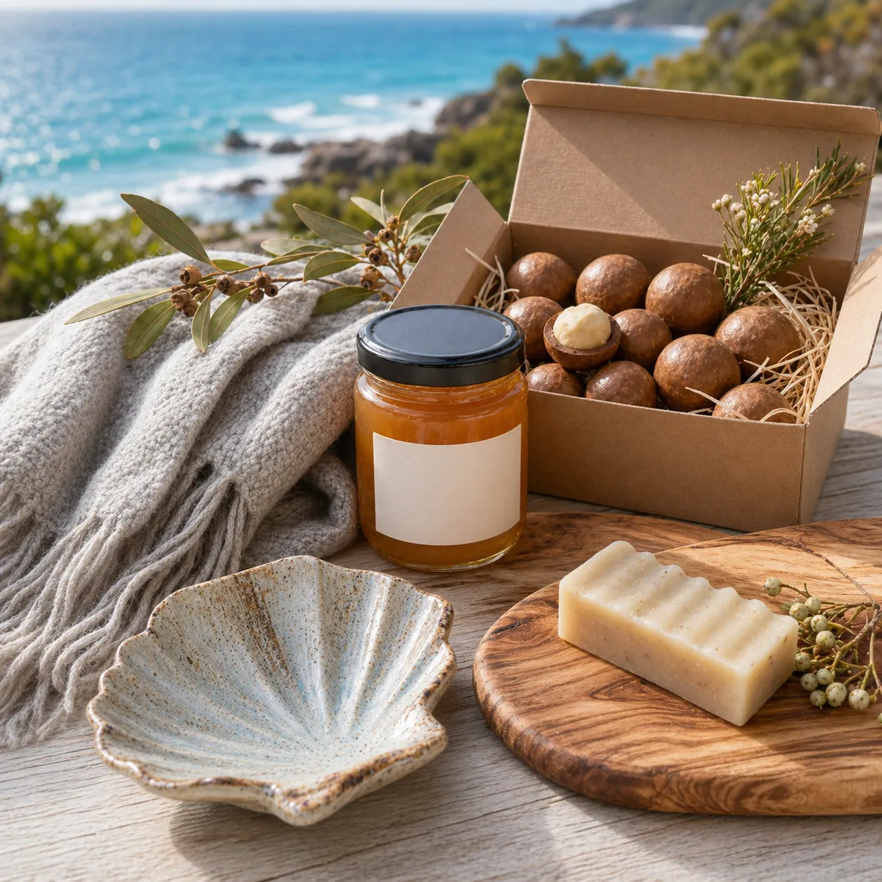 Coastal travel objects with wool textile, honey jar, ceramic shell dish, wood board, and botanical soap