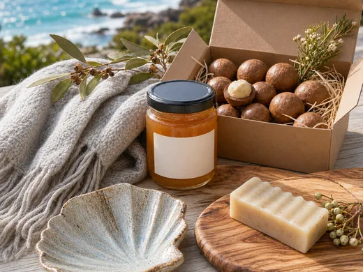 Coastal travel objects with wool textile, honey jar, ceramic shell dish, wood board, and botanical soap
